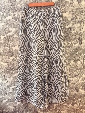 Match Point Wide Leg Linen Palazzo Pants Zebra Print Elastic Waist Large